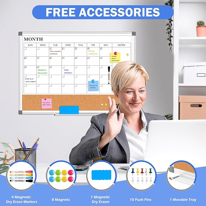 Monthly Calendar Whiteboard Dry Erase Cork Board Combo for Wall, 36" x 24" Magnetic Double-Sided Calendar White Board and Bulletin Board, Portable Board for Office, Kitchen, School, Home-DeskLoop Office