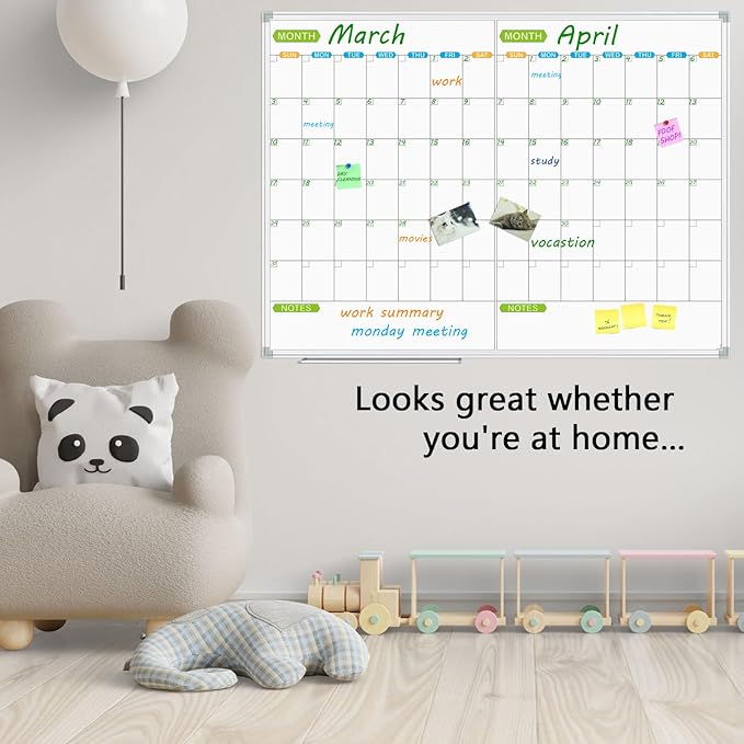 JILoffice Magnetic Dry Erase Calendar Whiteboard, 2 Month White Board Planner 48 X 36 Inch, Silver Aluminum Frame Wall Mounted Board for Office Home and School-DeskLoop Office