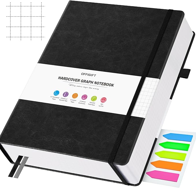 Graph Paper Notebook, 312 Numbered Pages Large A5 Hardcover Leather Journal, 100gsm No Bleed Grid Paper Notebook with Index Pages, Grid Notebook for Graphing Notes Math, 5.75" x 8.38", Black-DeskLoop Office