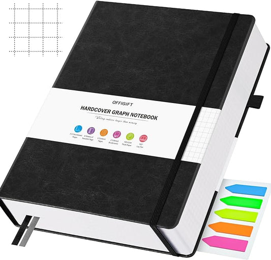 Graph Paper Notebook, 312 Numbered Pages Large A4 Hardcover Leather Journal, 100gsm No Bleed Grid Paper Notebook with Index Pages, Squared Grid Notebook for Graphing Notes Math, 8.5'' × 11'', Black-DeskLoop Office