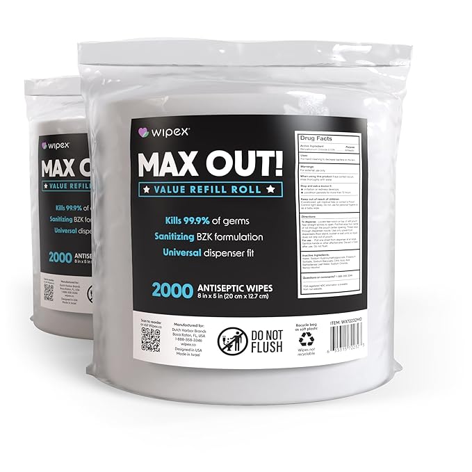 Wipex Max Out Sanitizing Wipes for Fitness Centers - 2000 Wipes Per Roll, Pack of 2, Economy Size Refill Rolls for Dispensers, 5"x8" - Ideal for High Volume Commercial Gyms, Schools & Studios-DeskLoop Office