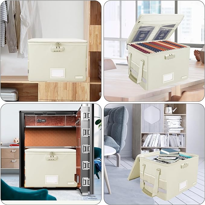 ENGPOW File Box with Lock, Fireproof Document Box with Zipper Lid, Collapsible File Storage Organizer Filing Cabinet with Handles, Portable Home Office Safe for Hanging Letter/Legal Folders, Beige-DeskLoop Office