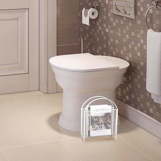 MyGift Mid-Century Design Magazine Rack, Matte Black Tone Metal Mesh Freestanding Magazine Organizer Holder Sling (White)-DeskLoop Office