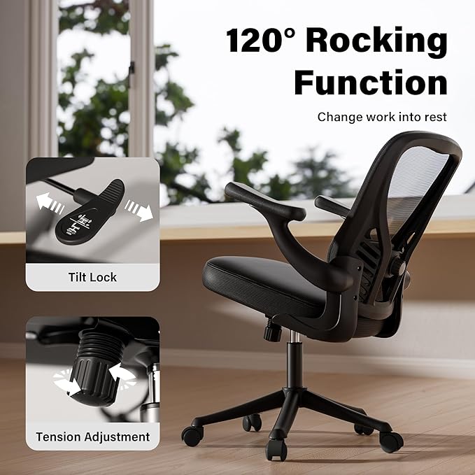 GYI Computer Desk Chair, Ergonomic Office Desk Chairs with Mesh Back, Adjustable Lumbar Support, Height, 3D Flip-up Arms, Wheels, Rocking Function, Black-DeskLoop Office