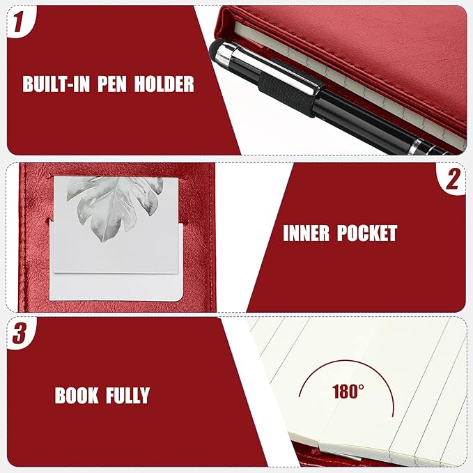 Outus 10 Pcs Pocket Notebook with Pen Set Included Mini Pocket Notepad Holder with 50 Lined Sheets, Metal Pen, 8 Pcs 3 x 5 Inch Memo Book Refills, 30 Lined Paper Per Note Pad (Red)-DeskLoop Office