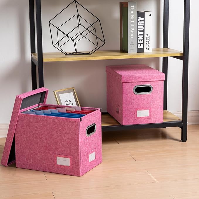 PRANDOM File Organizer Box - Set of 4 Collapsible Decorative Linen Filing Storage Hanging File Folders with Lids Office Cabinet Letter Size Pink (14x9.3x10.8 inch)-DeskLoop Office