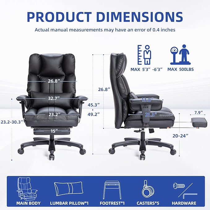 Big and Tall Office Chair 500lbs Wide Seat Executive Office Desk Chair High-Back Office Task Chair with Foot Rest, Ergonomic Lumbar Support Computer Office Chairs for Heavy People(Black)-DeskLoop Office
