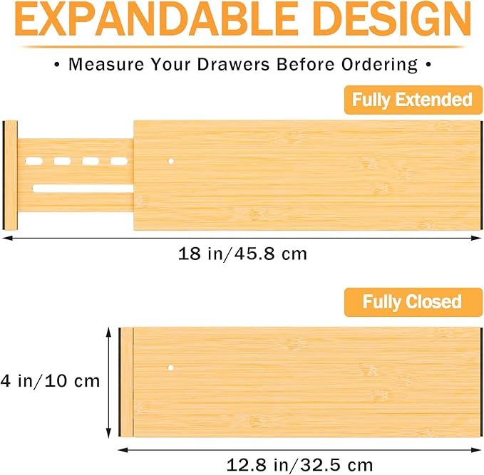 Bamboo Drawer Dividers 4" High, 12.8-18" Adjustable Drawer Organizers for Clothes,Expandable Dresser Separators in Bedroom/Kitchen/Bathroom/Office Organization and Storage,2 Pack-DeskLoop Office