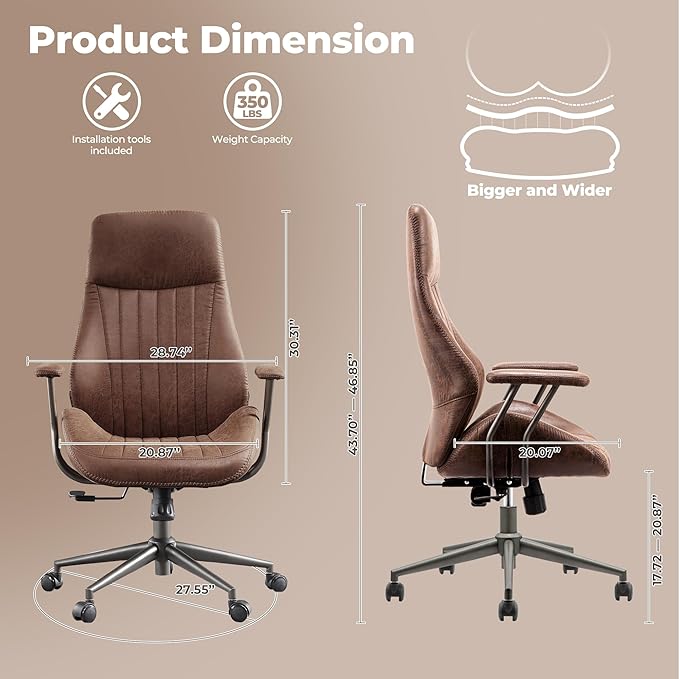 ovios Ergonomic Home Office Chair, Mid-Century Modern Faux Leather Chairs with Padded Armrests, Comfy High Back Swivel Rolling Executive Computer Armchair (Dark Brown, Suede Leather)-DeskLoop Office