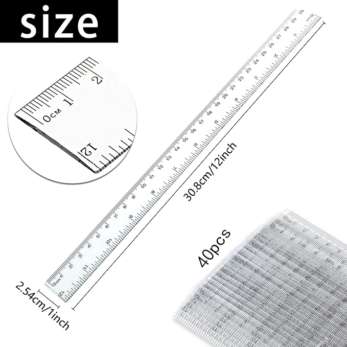 Koogel 40 PCS Plastic Straight Rulers, Plastic Measuring Tool, 12 Inch Shatterproof Clear Ruler Bulk for Classroom with Centimeters and Inches for Student, Kids, School, Office, Home-DeskLoop Office