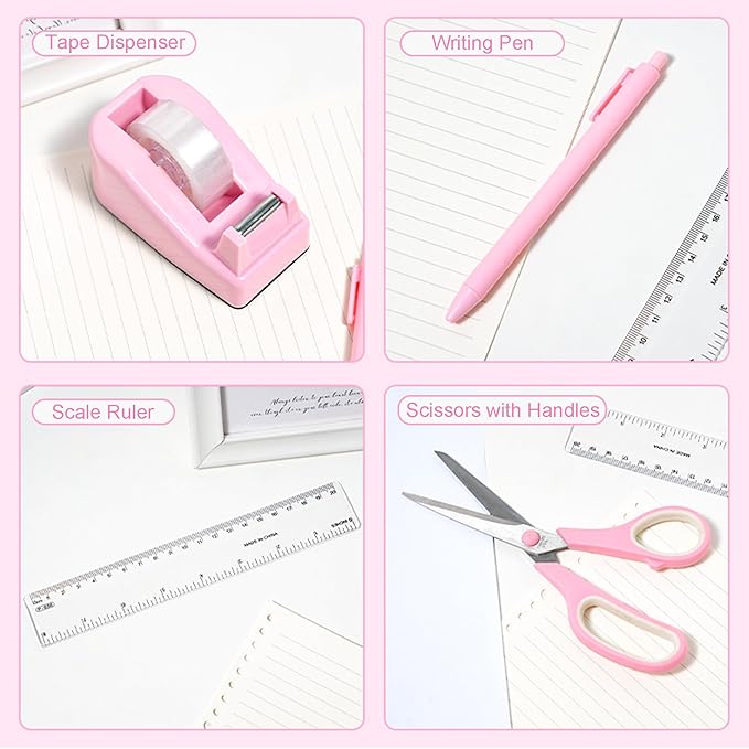 Pink Desk Accessories with Pen Holder, Pink Office Supplies Desk Organizers and Accessories for women, Tape Dispenser, Stapler, Staple Remover, Staples, Clips Set, Ruler, Scissor, Pen, Tape-DeskLoop Office
