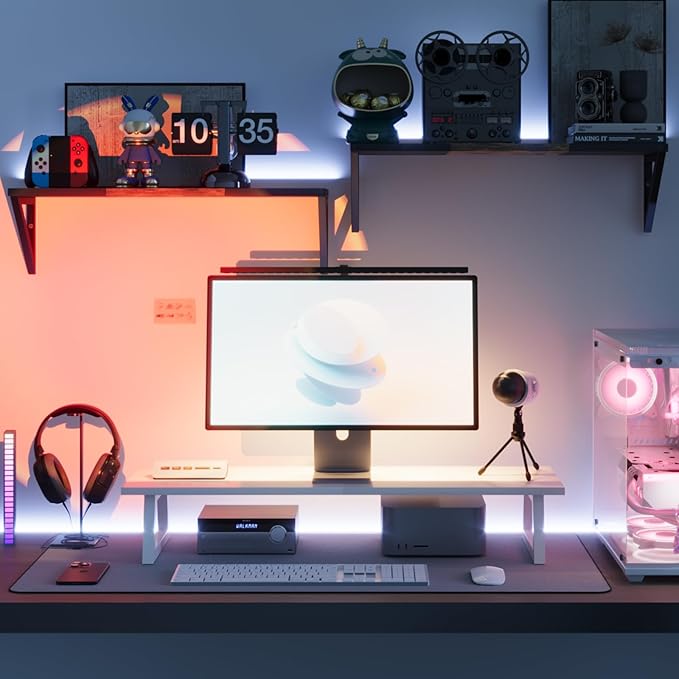 TEAMIX White Dual Monitor Riser - 31.5 inch Wide TV Stand for 2 Monitors - Wood & Steel Desktop Riser for Dual Screen Office Desk Organization-DeskLoop Office