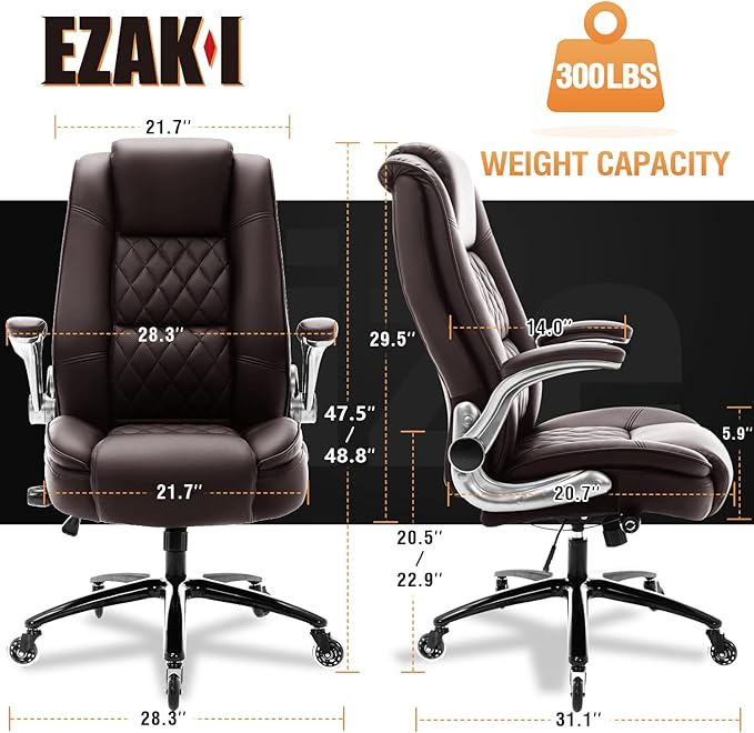 EZAKI High Back Office Chair-Flip-up Arms Executive Computer Desk Chair, Built-in Lumbar Support Thick Padded Adjustable Rock Tension Ergonomic Design for Back Pain (Brown)-DeskLoop Office