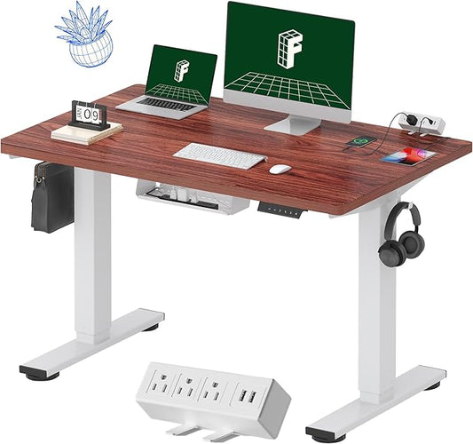 FLEXISPOT EN2 Whole-Piece Standing Desk with Clamp Power Strip, 48 x 30 Electric Stand Up Height Adjustable Desk with Cable Management (White Frame + 48" Mahogany Top, 2 Packages)-DeskLoop Office