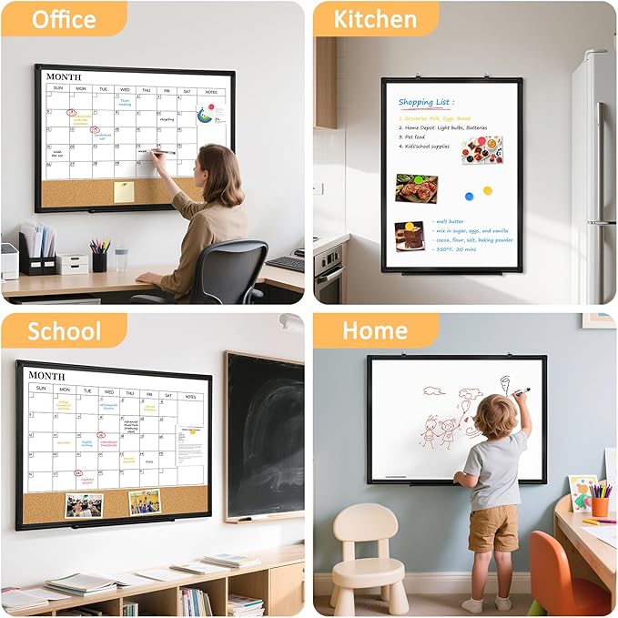Large Dry Erase Calendar for Wall, 36"x24" Double-Sided Magnetic Whiteboard Calendar with Cork Board, Black Aluminum Frame Monthly White Board Memo Message Board for Office, Home, School-DeskLoop Office