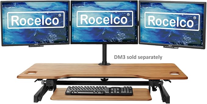 Rocelco 46" Large Height Adjustable Standing Desk Converter - Quick Sit Stand Up Triple Monitor Riser - Gas Spring Computer Workstation - Retractable Keyboard Tray - Teak Wood Grain (R DADRT-46)-DeskLoop Office