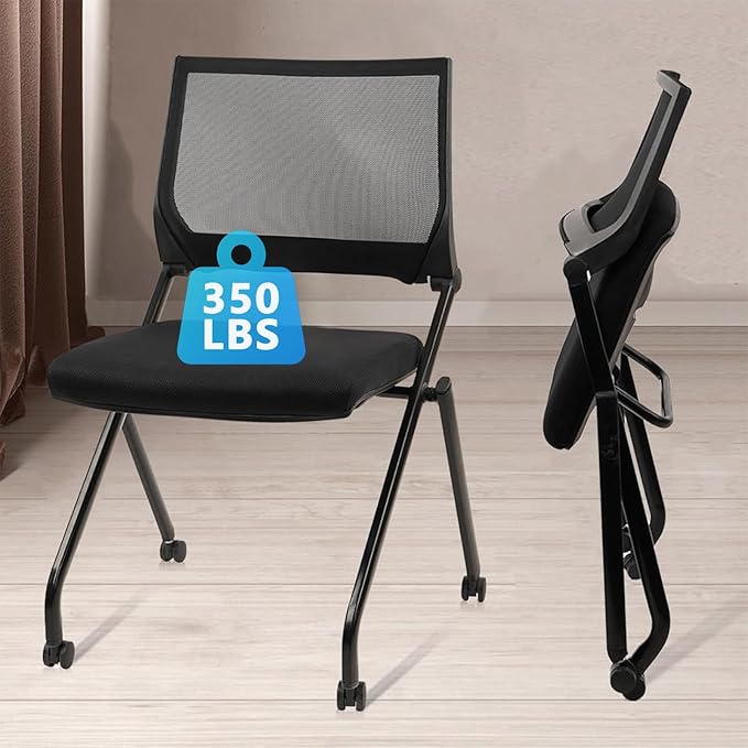 CLATINA Stackable & Foldable Conference Room Chairs, Waiting Room Chairs with Wheels & Lumbar Support, Ergonomic Mesh Bouncing Back Folding Chair for Office Meeting Schools Training, Black-DeskLoop Office