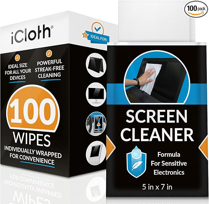 iCloth Large Screen Cleaning Wipes for Electronics, Lint-Free and Streak-Free, Fast-Drying, Removes Dust, Fingerprints, and Smudges (100 Wipes)-DeskLoop Office