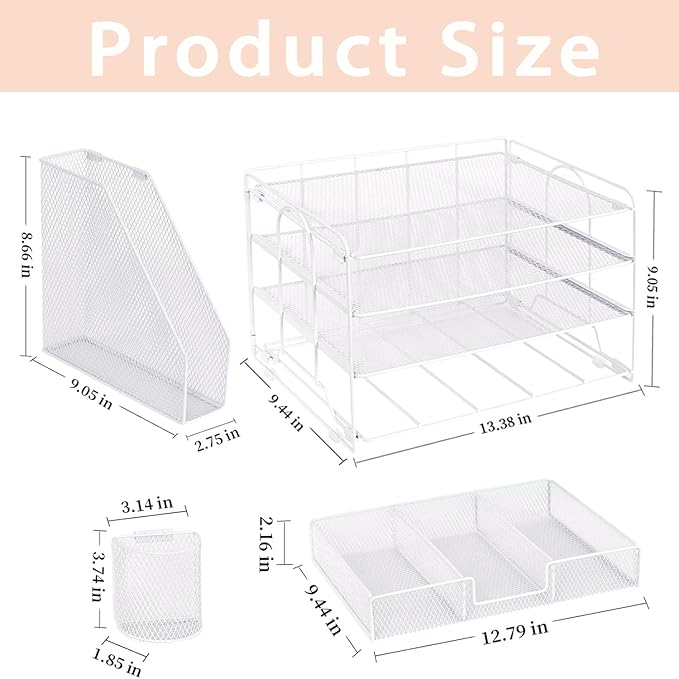 Desk Organizer and Accessories, 4-Tier Desktop File Organizer with Drawer and 2 Pen Holders, Office Desk Accessories for Office Supplies(White)-DeskLoop Office