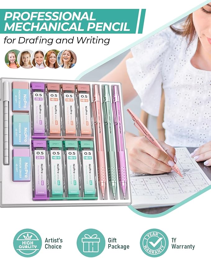 Nicpro 0.5 mm Metal Mechanical Pencil Set, 3PCS MP1000 Artist Lead Pencils With 480PCS HB 2B Lead Refills, Erasers, Aesthetic School Supplies for Girls & Women Teacher Writing Drawing Sketching-DeskLoop Office