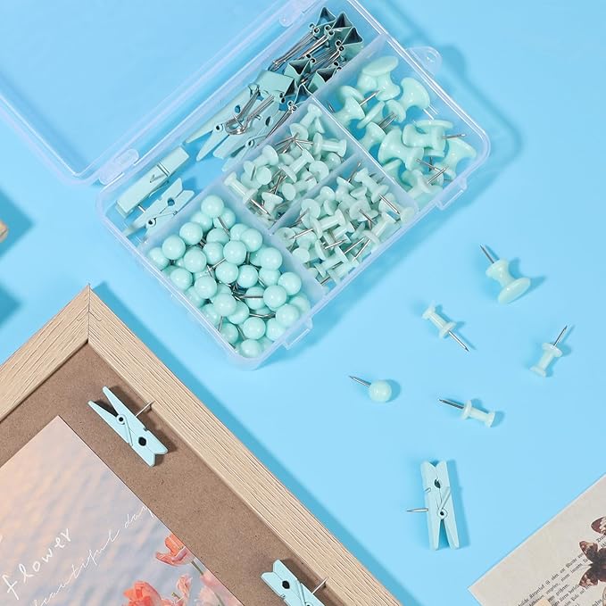 BESARME 200 Pieces Push Pins Set, 5 Types Green Thumb Tacks Cute Decorative Push Pins for Wall Cork Board Bulletin Boards with Storage Box-DeskLoop Office