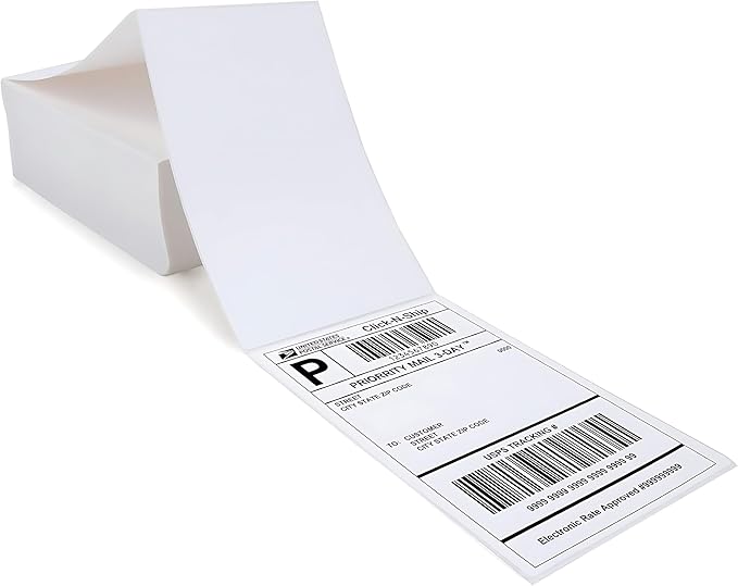 Fanfold 4 x 6 inch Thermal Labels Stack Direct White Strong Adhesive Perforated Postage Shipping Printer Compatible with Zebra SNBC Epson Rollo (1000, Fanfold)-DeskLoop Office