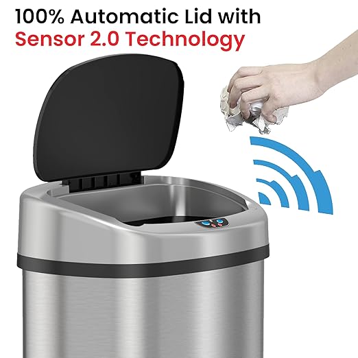 iTouchless 13 Gallon Stainless Steel Kitchen Trash Can with Sensor 2.0 Tech Touchless Lid and AbsorbX Odor Filter, Oval Slim Space-Saving Automatic Garbage Bin for Home, Office, Business, Restroom-DeskLoop Office