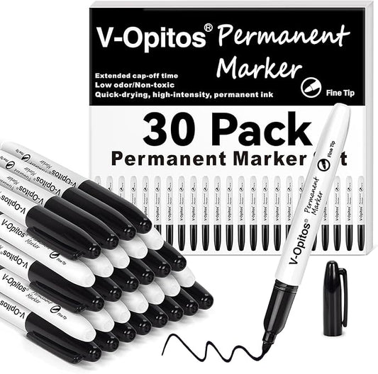 V-Opitos 30 Pack Black Permanent Markers, Bulk Fine Point Waterproof Markers Pens, Durable, Quick-Drying Marker, Ideal Stationery Supplies for Schools, Homes and Offices-DeskLoop Office