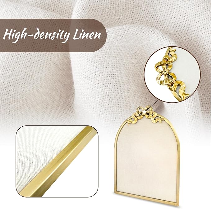 Vintage Arched Linen Cork Board with Gold Bowknot – Decorative Bulletin Board for Walls, Iron Frame Pin Board for Notes, Photos & Reminders, Elegant Vision Board for Home & Office 16"x21"-DeskLoop Office