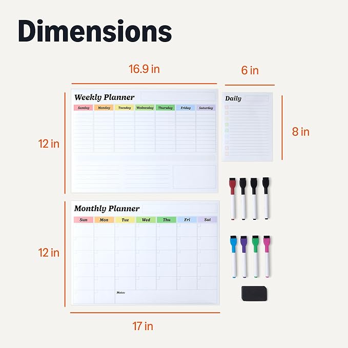 Amazon Basics Magnetic Dry Erase Calendar Whiteboard Set (3-Pack) for Fridge, 8 Markers and Eraser-DeskLoop Office