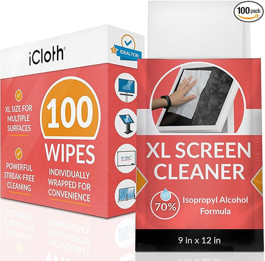 iCloth XL Screen Cleaning Wipes, Lint-Free and Streak-Free, Fast-Drying, Removes Dust, Fingerprints, and Smudges (100 XL Wipes)-DeskLoop Office