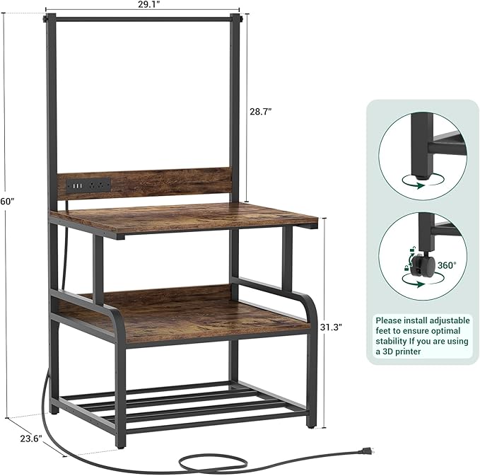 Homieasy Printer Stand with Charging Station, 29.1" x 22.8" Large 3D Printer Table with Filament Storage, Heavy Duty Rolling Printer Cart with 4-Tier Storage for Workshop/Office/Garage, Rustic Brown-DeskLoop Office