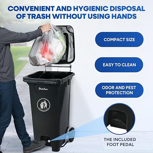 32 Gallon Step-On Large Outdoor Trash Can with Lid and Wheels - Outside Plastic Rolling Garbage Can - Rollout Commercial Heavy-Duty Container Barrel, Gray 2 Pack-DeskLoop Office