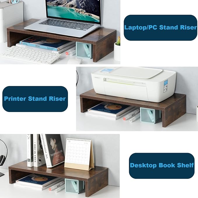 TEAMIX 20 Inch Monitor Stand Riser, Wooden Desktop Riser for TV/PC/Laptop/Printer, Rustic Brown Monitor Riser with Storage, Computer Stand Keyboard Organizer-DeskLoop Office