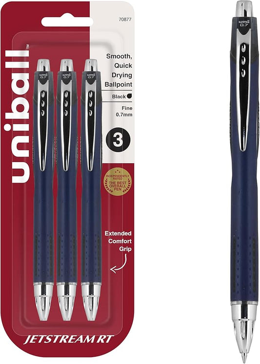 Uni-Ball Jetstream RT Pens - NY Times Wirecutter Best Pen for Over a Decade - Pack of 3 Black Fine Point Pens, 0.7mm - Back to School Pens, Ballpoint Pens-DeskLoop Office