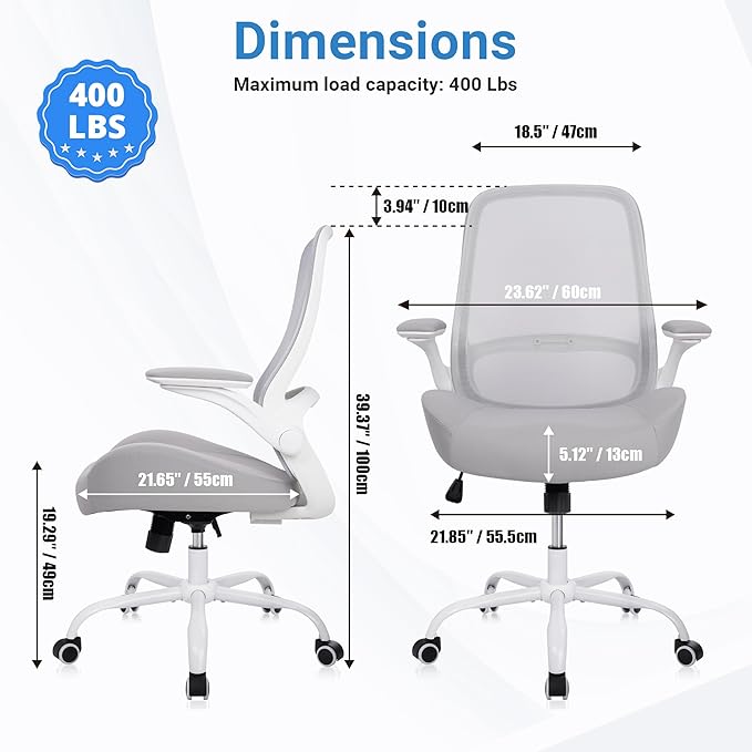 HYLONE Heavy Duty Office Chair, 5" Thickened Seat Ergonomic Desk Chair with Adjustable Armrests, Home Office Computer Chairs for Long Hours Mesh Executive Chair(White Base & Grey)-DeskLoop Office