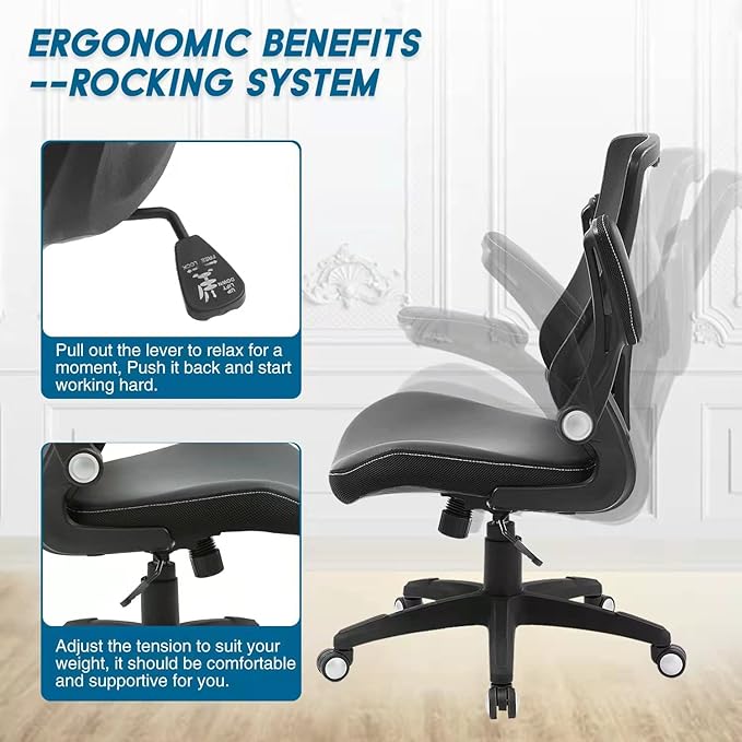 Office Chair Ergonomic Desk Chair, Computer PU Leather Home Office Chair, Swivel Mesh Back Adjustable Lumbar Support Flip-up Arms Executive Task Chair-DeskLoop Office