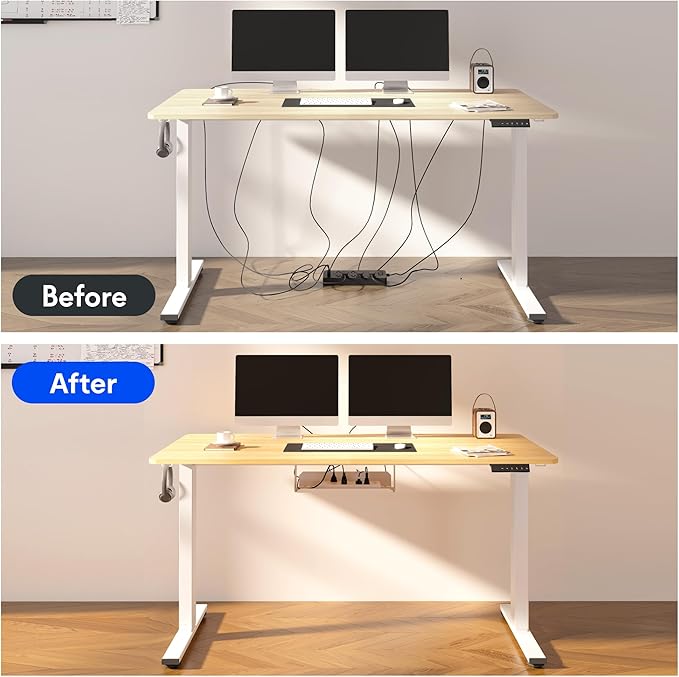 FLEXISPOT EN2 Whole-Piece Standing Desk with Clamp Power Strip, 60 x 24 Electric Stand Up Height Adjustable Desk with Cable Management (White Frame + 60" Maple Top, 2 Packages)-DeskLoop Office