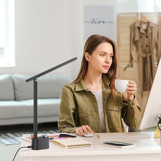 Honeywell Upgraded LED Desk Lamp - H01 Pro Sunturalux™ Foldable Desk Light with USB A+C Charging Ports, 3 Color Modes Dimmable Table Lamp for Home Office Reading(Black)-DeskLoop Office