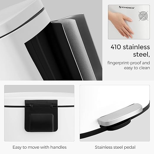 SONGMICS Trash Can with Lid, 8 Gallon Garbage Can, Stainless Steel Small Waste Bin with Step Pedal and Inner Bucket, Soft Close, Kitchen, White ULTB102W01-DeskLoop Office