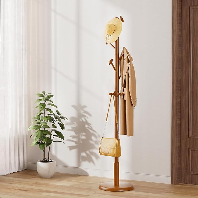 Solid Wood Coat Rack Freestanding Coat Tree with 10 Hooks for Bedroom, Livingroom, Entryway, Sturdy Coat Hanger Stand for Hats, Coats, Scarves, Handbags, Purses-DeskLoop Office