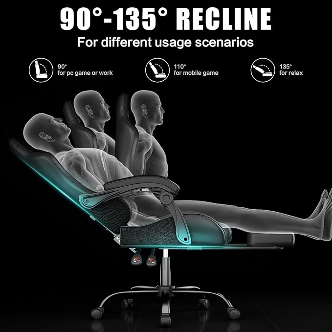 Gaming Chair, Ergonomic Office Computer Chair with Footrest and Lumbar Support Massager Racing Style High Back Video Gamer Chair, Wide&Thick Cushion, 90°-135° Recline, Adjustable Height, Black-DeskLoop Office