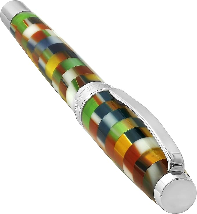 Xezo Urbanite II Fountain Pen, Fine Nib. Jazzy Multicolor Checkered Acrylic on Brass. Chrome Plated. Handcrafted, Limited Edition, Serialized-DeskLoop Office