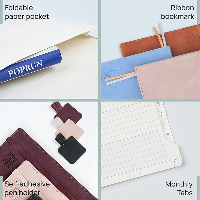 POPRUN Planner 2025-2026 Weekly Notebook (Large 8.5''x 10.5'') Academic Calendar (JUL.25 - JUN.26) Appointment Book with Monthly Tabs, Leather Soft Cover, Inner Pocket, 100 GSM - Pink-DeskLoop Office