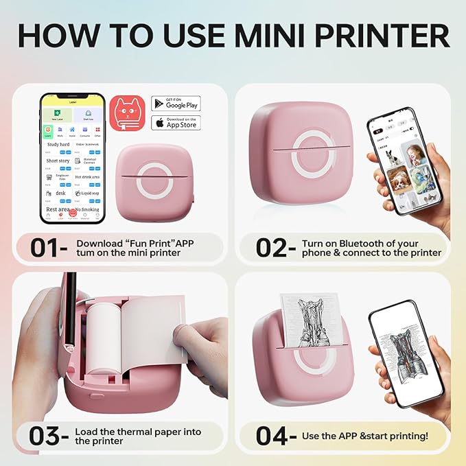 Mini Printer Sticker Thermal Printer with 3 Rolls Paper, Bluetooth Portable Phone Print Pods,Study Sticker Maker for Pictures, Photos, Journals, DIY, Compatible with Phone & Tablet-DeskLoop Office