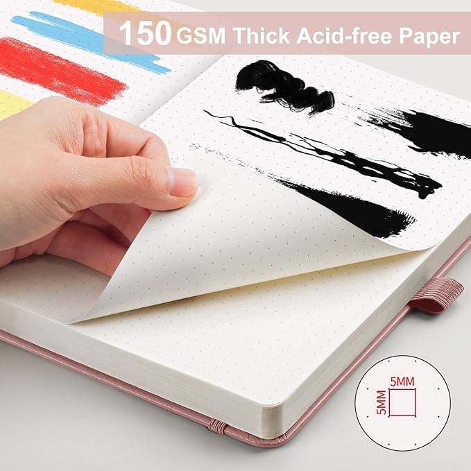 AHGXG Bullet Dotted Journal - 150 GSM Dot Grid Notebook Journal, Thick Acid-Free Paper, A5 Dotted Notebook 128 Pages, Leather Hardcover, Inner Pocket, Journal Stencil, 5.7'' × 8.3'' - Rose Gold-DeskLoop Office