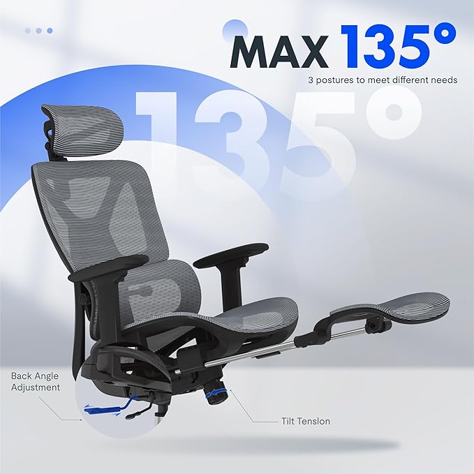 FLEXISPOT ErgoX Premium Ergonomic Office Chair with Footrest- Adjustable 3D Armrests, Dynamic Lumbar Support, Recline & Tilt Function, Mesh Seat, for Home & Office Use,Dark Grey-DeskLoop Office