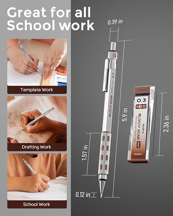 Nicpro Blocky Gear 0.3 mm Mechanical Pencils Set in Case, Metal Pencil with Lead Refills, Eraser for Professional & Adult Art Writing Drafting Drawing-DeskLoop Office