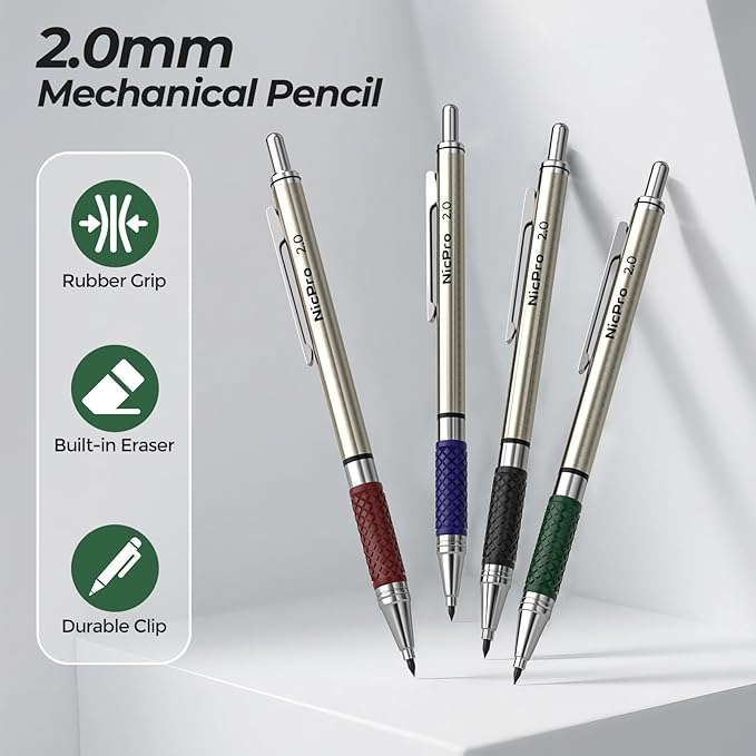 Nicpro 4 PCS Premium 2.0 mm Mechanical Pencils Set, 108 Colored & Black (HB 2B) Lead Refills, Art Metal 2mm Carpenter Pencil with 2 Erasers, 2 Sharpeners for Drafting Sketching Drawing with Case-DeskLoop Office