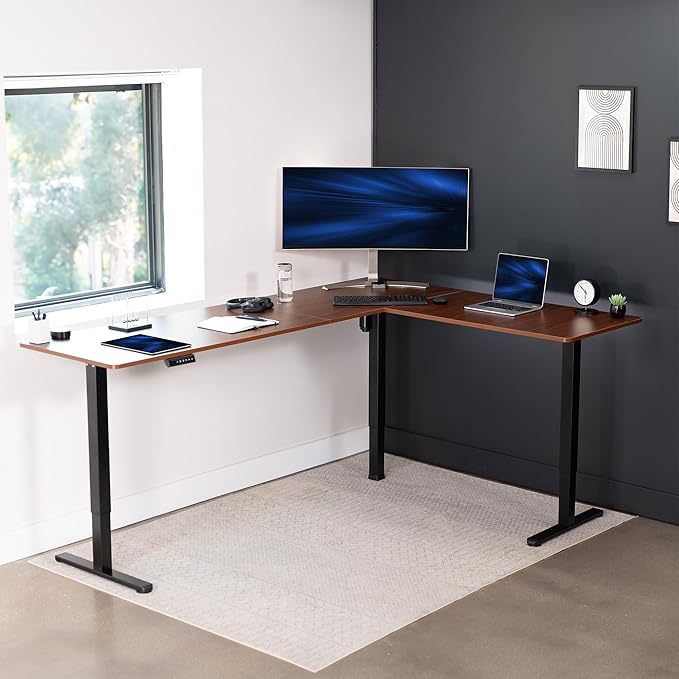 VIVO Electric Corner L-Shaped 84 x 63 in Standing Desk, Memory Height Adjustment, Dark Walnut Top Black Frame, DESK-E3CTBD-84-DeskLoop Office